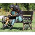 outdoor garden decoration metal children sitting bronze bench sculpture